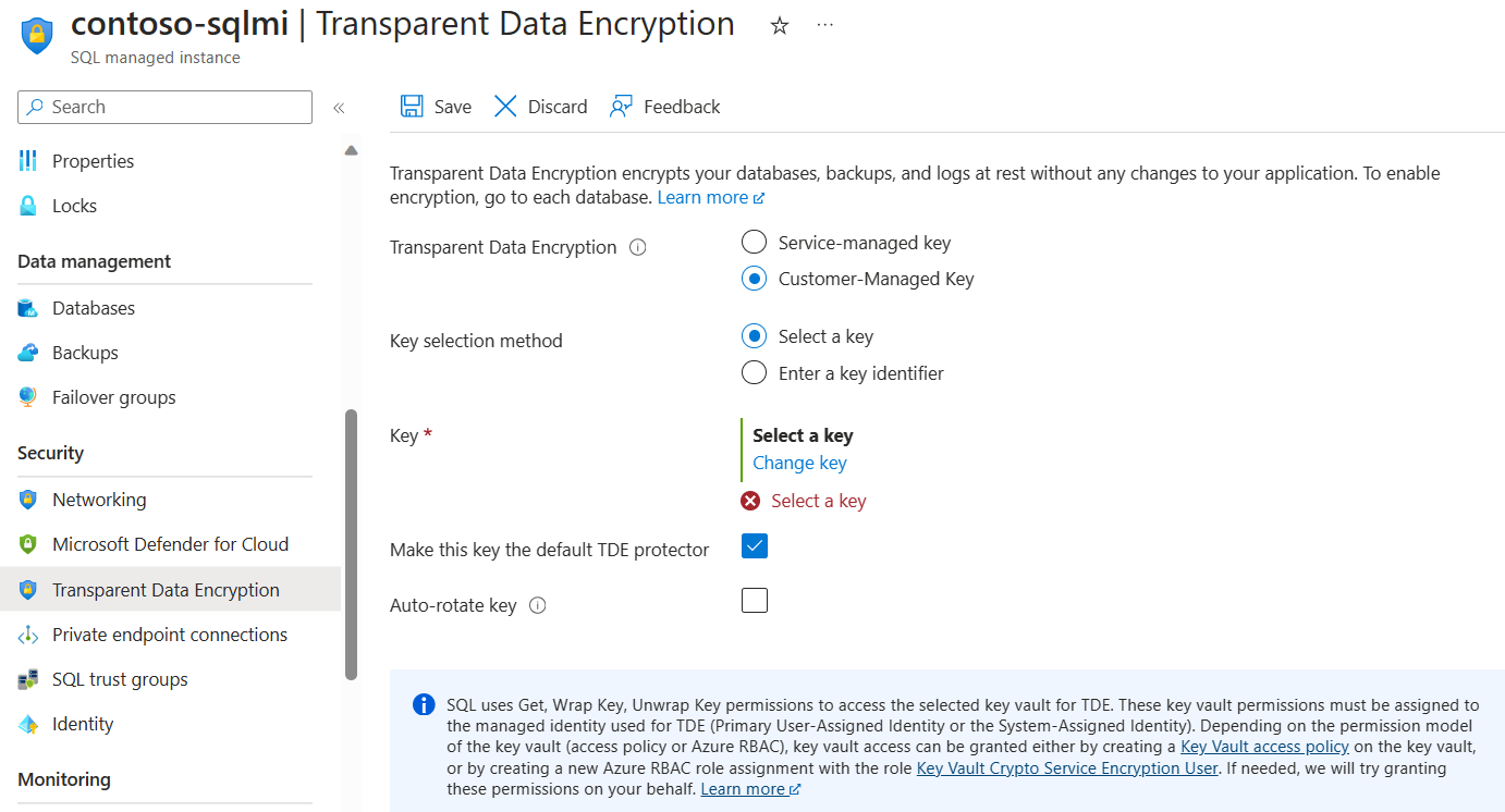 Skärmbild som visar hur du använder transparent datakryptering med stöd för Bring Your Own Key.