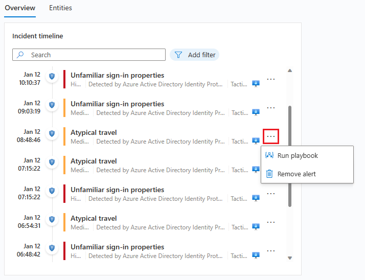 Skärmbild som visar ett exempel på informationssidan för incidenttidslinjen i Microsoft Sentinel.