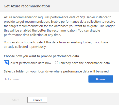 Screenshot of the Azure recommendation sidebar featuring configurations about where the performance data will be saved.