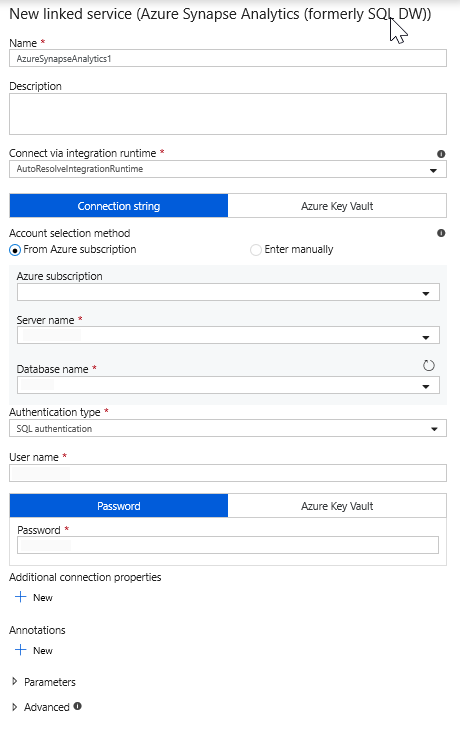 Creating an Azure Synapse Analytics connection in Azure Data Factory