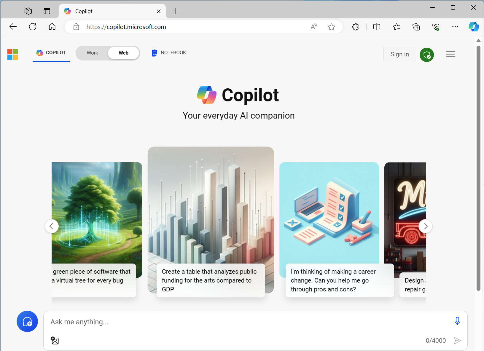 Skärmbild av Microsoft Copilot-appen på webben.