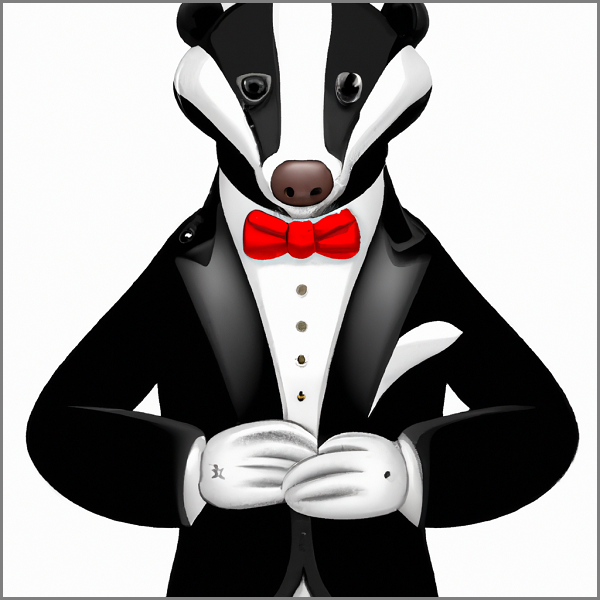 A picture of a badger wearing a tuxedo.