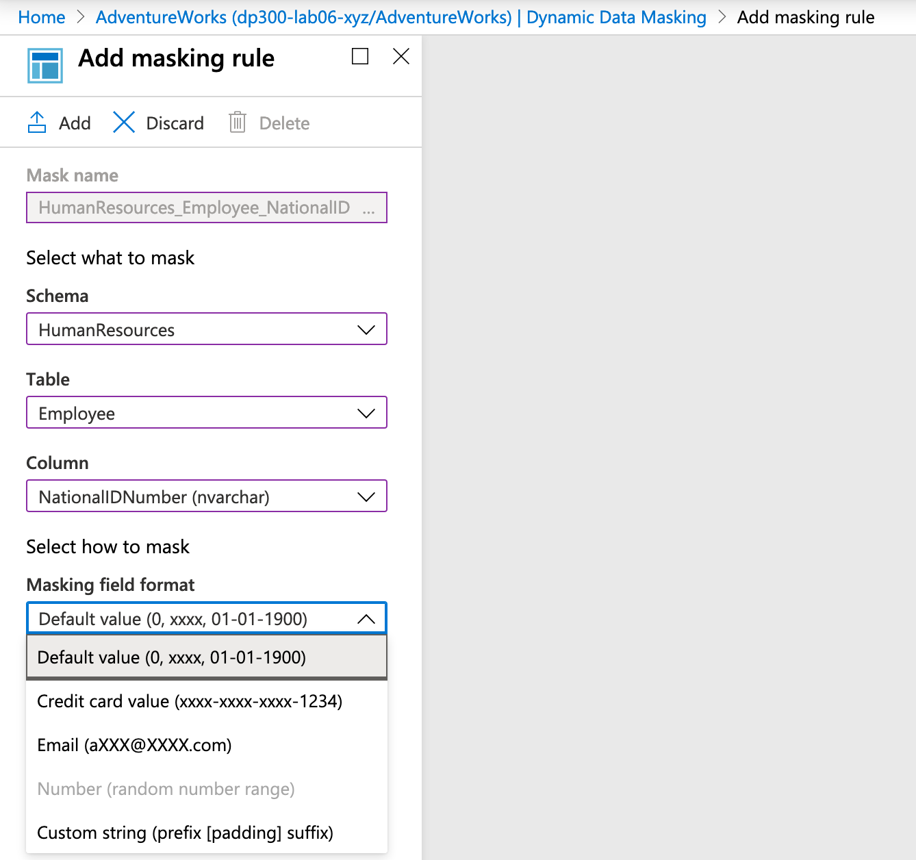 Skärmbild av hur du lägger till maskeringsregeln i Azure Portal.