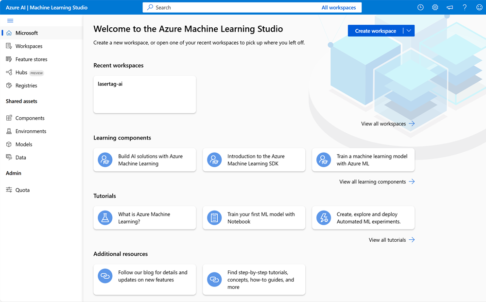 Skärmbild av azure Mašinsko učenje Studio-landningssidan.