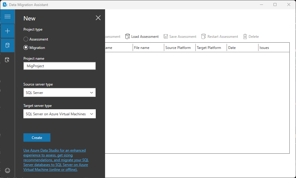 Skärmbild av verktyget Data Migration Assistant och ett nytt migreringsprojektalternativ.