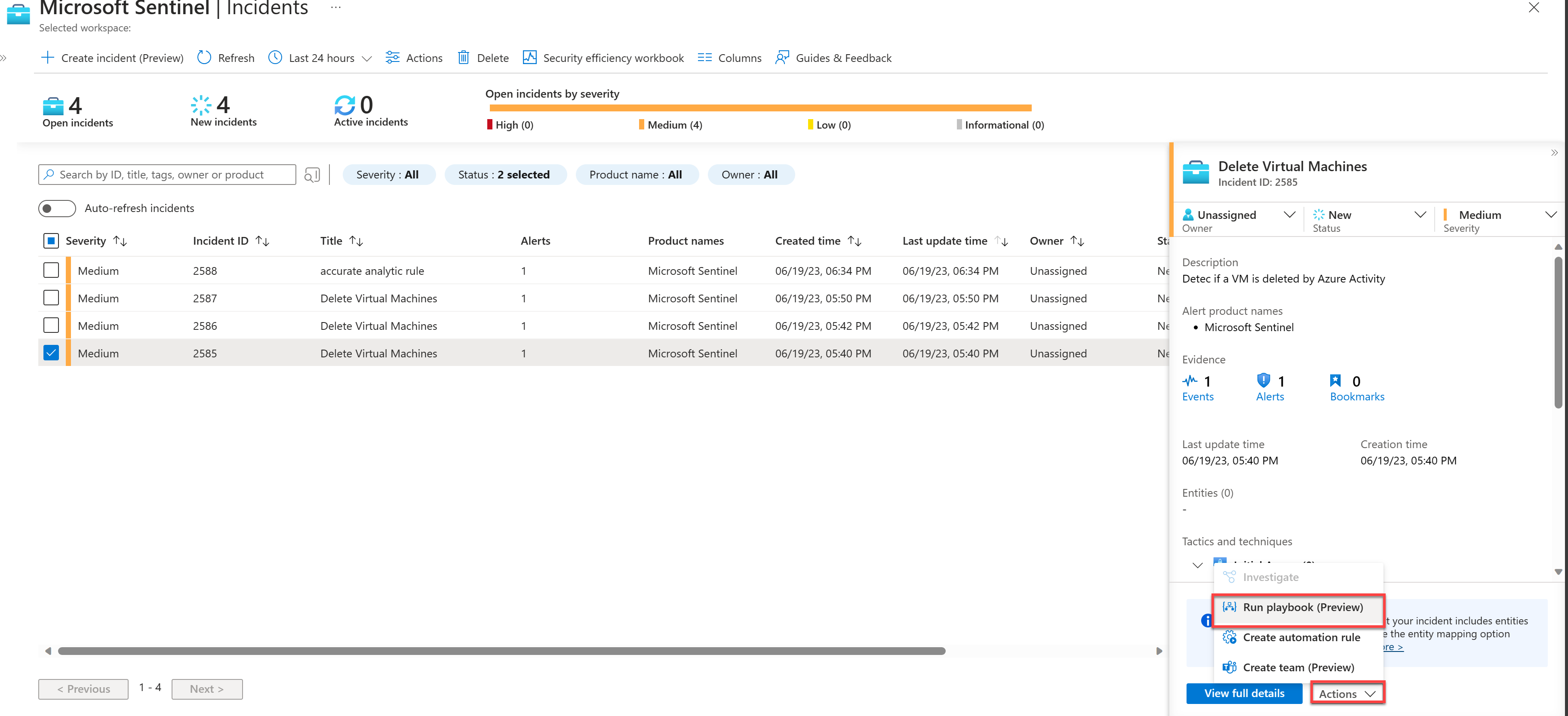 Skärmbild av åtgärdsfönstret Incidentinformation för att köra spelboken.