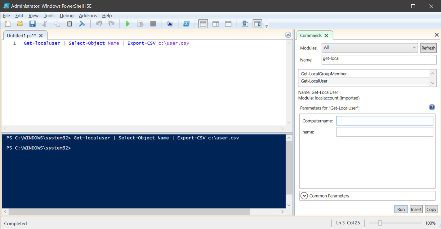 En skärmbild av Administratör: Windows PowerShell ISE. Administratören har aktiverat fönstret Förhandsgranskning av kommando. Administratören har precis kört Get-localuser i det namnlösa skriptfönstret.