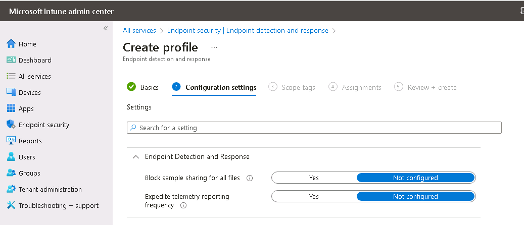 Screenshot of the configuration options for the Endpoint Detection and Response setting on the Create profile page.