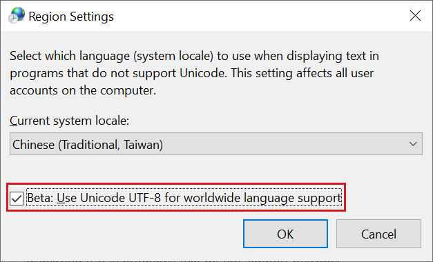 Skärmbild av regioninställningarna där alternativet Använd Unicode U T F 8 för globalt språkstöd har valts.