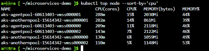 Skärmbild av körning av kommandot kubectl top node.