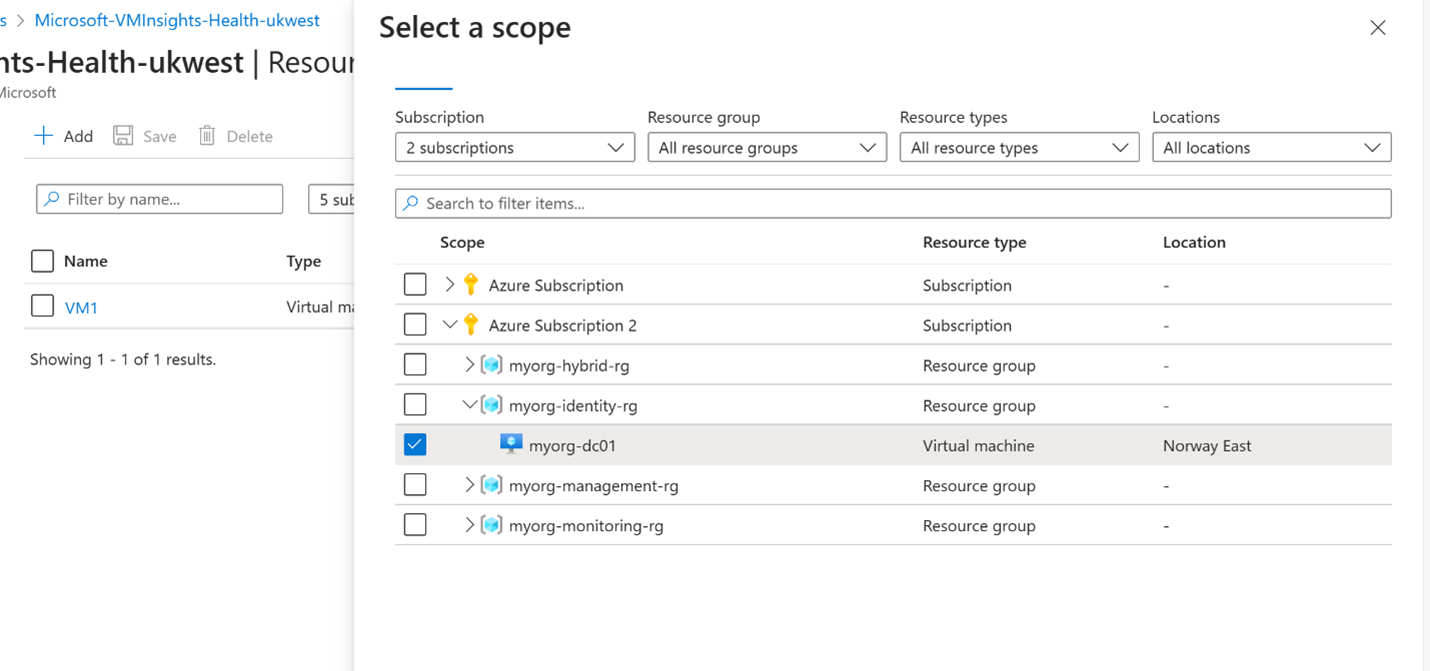 Azure Portal skärmbild av datainsamlingsregelns fönstret Välj ett omfång när du har valt knappen Lägg till.