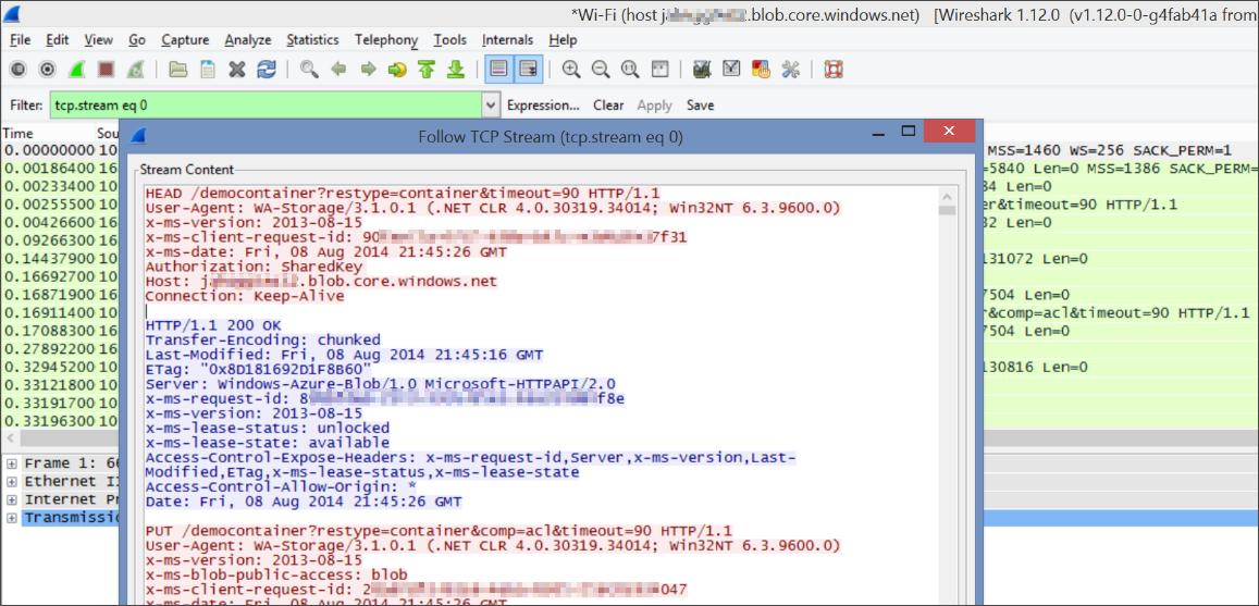 Skärmbild som visar hur du visar TCP-data som programlagret ser dem.