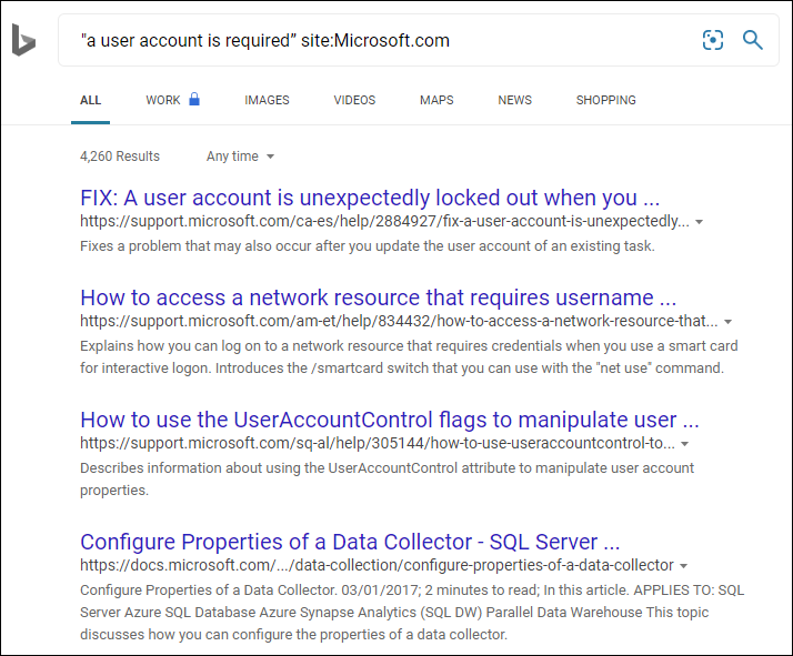 Skärmbild av Microsofts sökresultat.