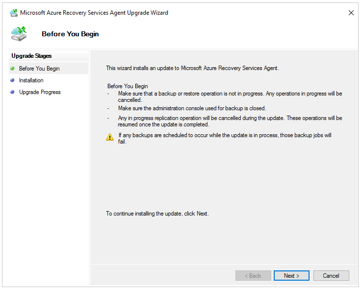 Skärmbild av uppgraderingsguiden för Microsoft Azure Recovery Services-agenten.