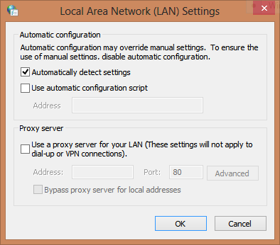 Skärmbild av fönstret LAN-inställningar. Alternativet Identifiera inställningar automatiskt är markerat.