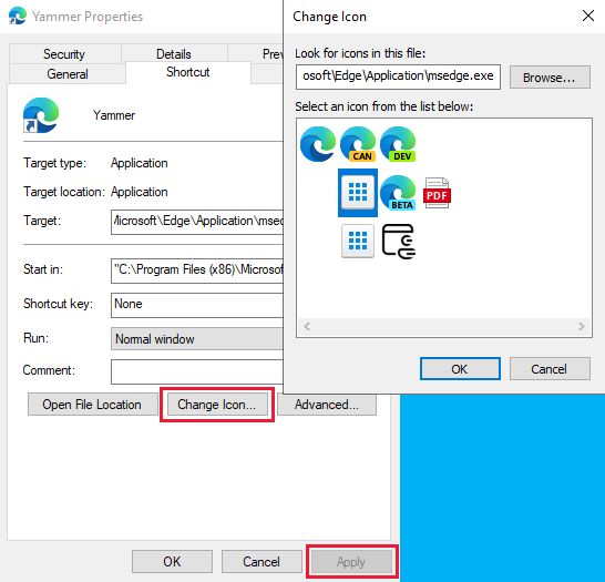 Skärmbild som visar fönstren för att ändra ikonen för genvägen till Microsoft Edge-URL:en.