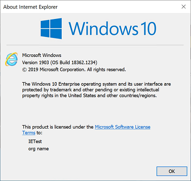 Skärmbild av sidan Om Internet Explorer i Windows 10 version 1903.