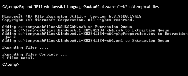 Skärmbild som visar kommandoutdata för att extrahera Internet Explorer 11-språkpaketet.