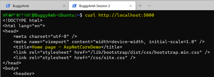 Skärmbild av curl localhost på portkommandot 5000.