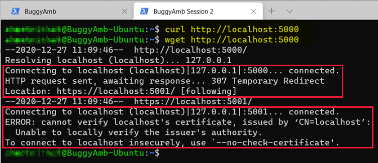 Skärmbild av kommandot curl localhost.