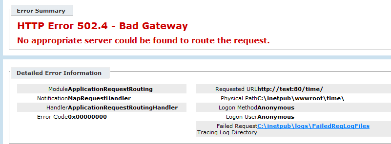 Skärmbild som visar ett meddelande om att det inte gick att hitta någon lämplig server för att dirigera begäran.