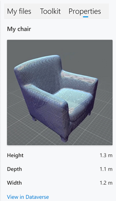 Skärmbild som visar fliken Egenskaper med måtten Min stol.