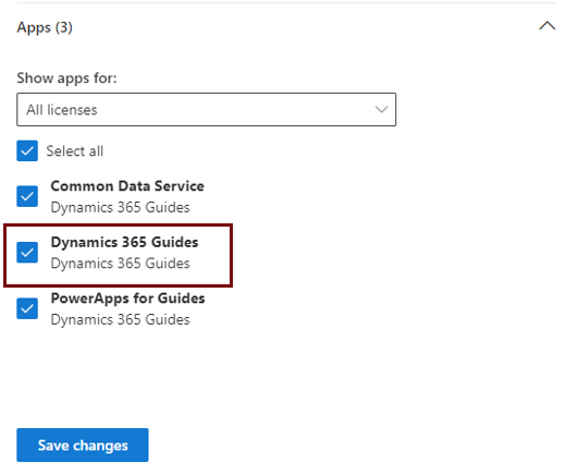Skärmbild som visar licensalternativet Dynamics 365 Guider som ska väljas i listan Appar när du tilldelar licensen Dynamics 365 Guides till användarkonton.