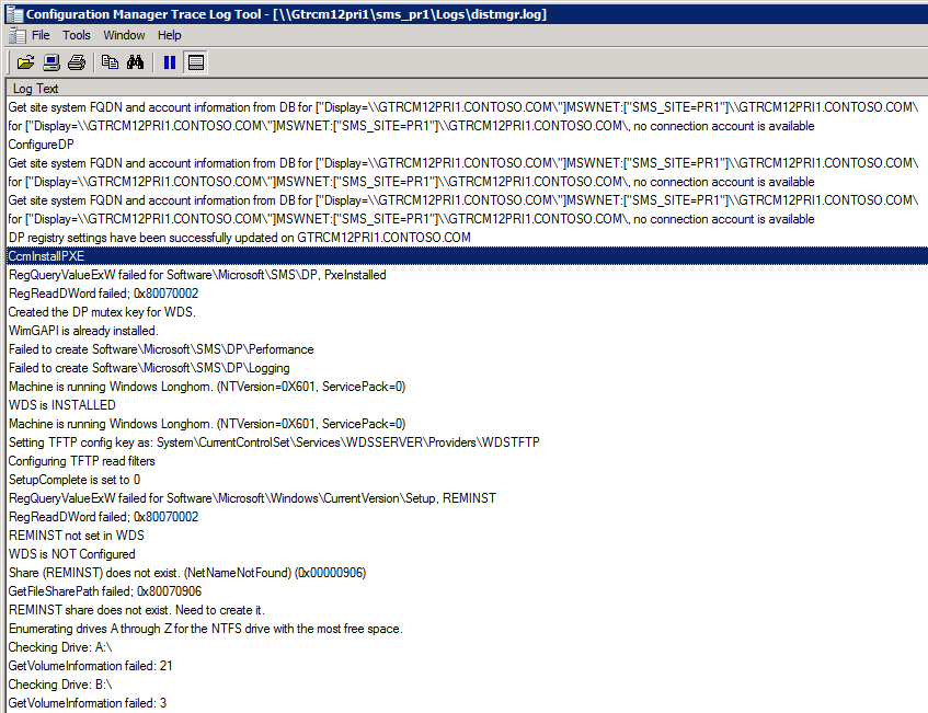 Skärmbild av Configuration Manager spårningsloggverktyget.