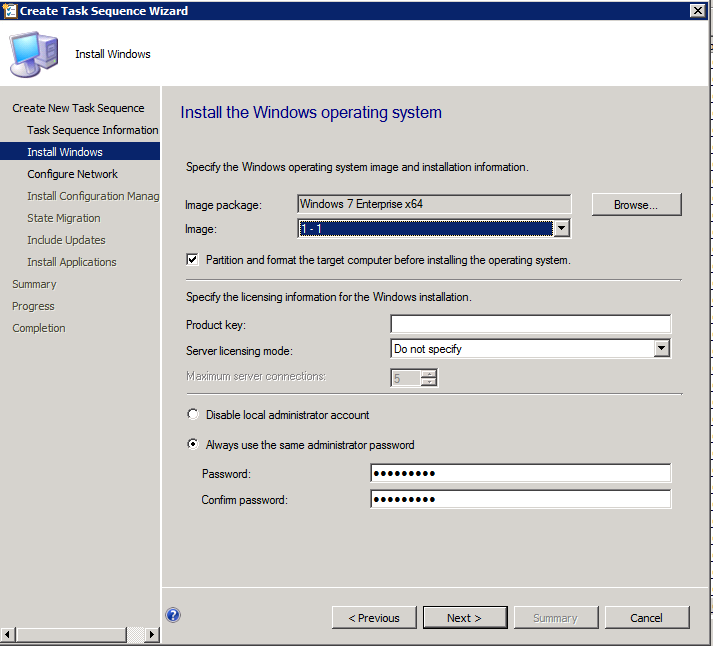 Skärmbild av sidan Installera Windows-operativsystemet, där du kan skriva administratörslösenordet.