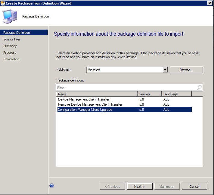 Skärmbild av sidan Ange information om paketdefinitionsfilen som ska importeras.