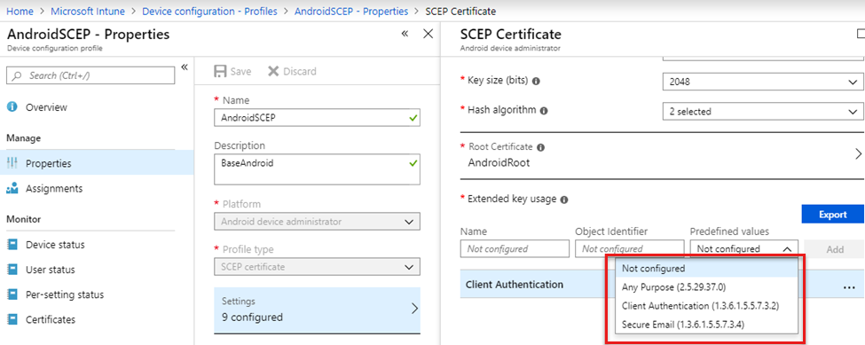 Skärmbild som visar hur du lägger till Valfritt syfte i SCEP-certifikatkonfigurationsprofilen i Intune.
