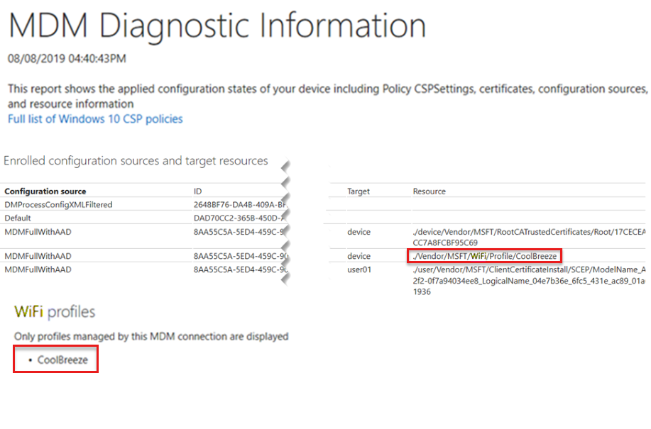 Skärmbild av ett exempel på MDM-diagnostikinformation som visar WiFi-profilkonfiguration på Windows 10 enheter.