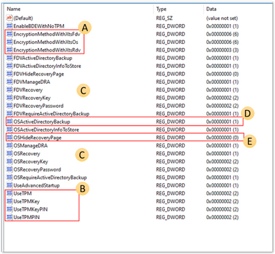 Skärmbild av BitLocker-registernycklarna som finns i registry-Editor.