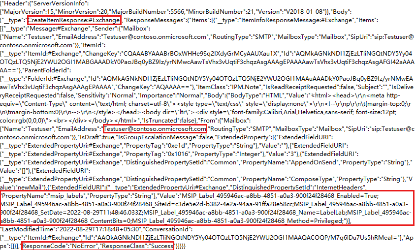 Skärmbild av ett exempel på ett Fiddler-svar där etikettinformationen är markerad.