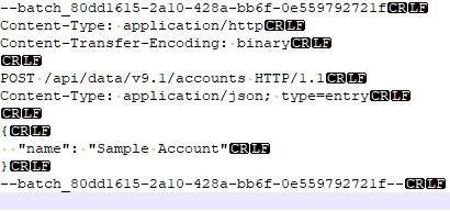 Skärmbild som visar en brödtext för batchbegäran med CRLF-slut för alla rader.