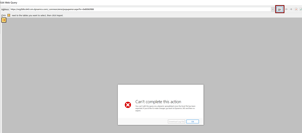 Skärmbild som visar knappen Go i fönstret Redigera webbfråga.