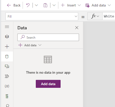 Skärmbild som visar panelen Data i Power Apps Studio. Panelen är tom om inga datakällor används i appen.