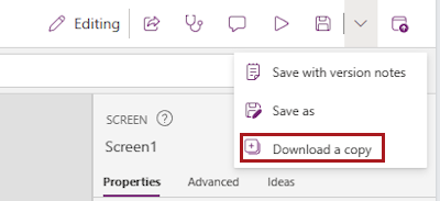 Skärmbild som visar en expanderad undermeny för menyalternativet Spara i Power Apps Studio. Alternativet Ladda ned en kopia är markerat.