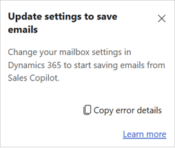 Skärmbild som visar felet Uppdatera inställningar för att spara e-postmeddelanden.