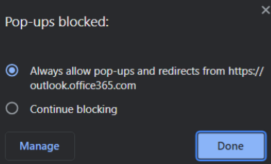 Skärmbild som visar meddelandet blockerade popup-fönster.