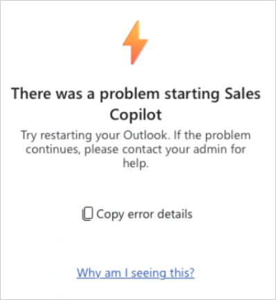 Skärmbild som visar inloggningsfelet när du öppnar fönstret Copilot for Sales i Microsoft Outlook.