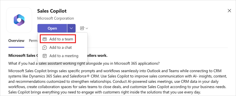 Skärmbild som visar alternativet att lägga till appen Copilot for Sales i ett team.