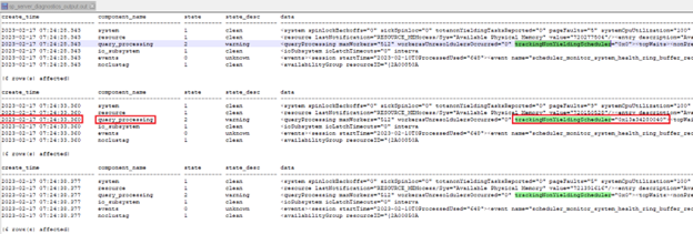 Skärmbild som visar sp_server_diagnostics utdata sammanfogades.