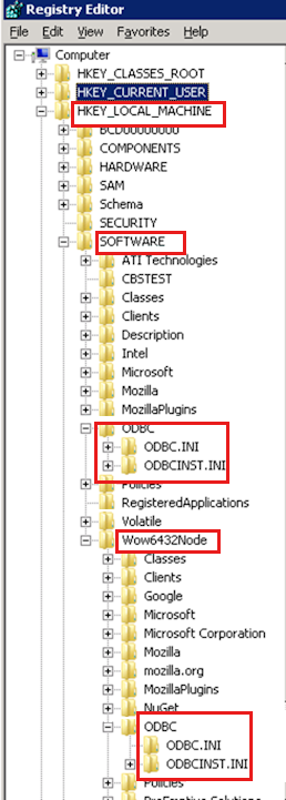 Skärmbild som visar drivrutins- och DSN-information i registret.