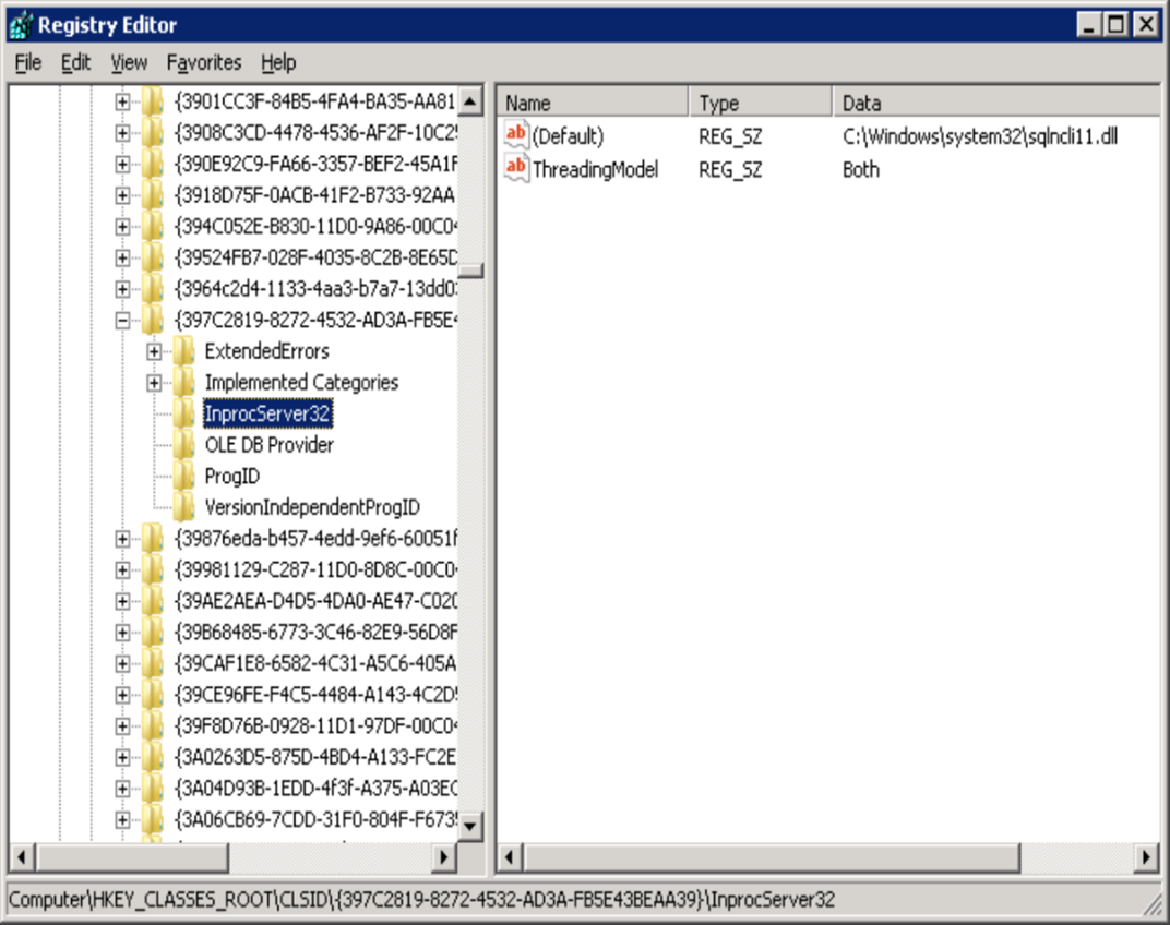 Skärmbild som visar hur du hittar ett GUID från ProgId under HKEY_CLASSES_ROOT\CLSID.