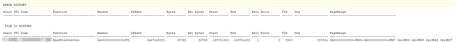 Skärmbild av de förbättrade utdata som innehåller ringbuffert, UTC-tid och utbrytning av sidintervall.