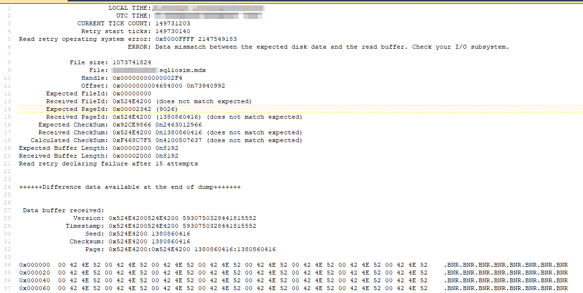 Skärmbild av de förbättrade utdata, som inkluderar UTC-tid, hexadecimalt och decimaltal, tidsstämpel/fästingantal, BNR och sidhuvudexpansion.