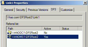 Skärmbild av fliken DFS i fönstret egenskaper för delad mapp på en klientdator, som visar UNC-sökvägen i listan Referens.