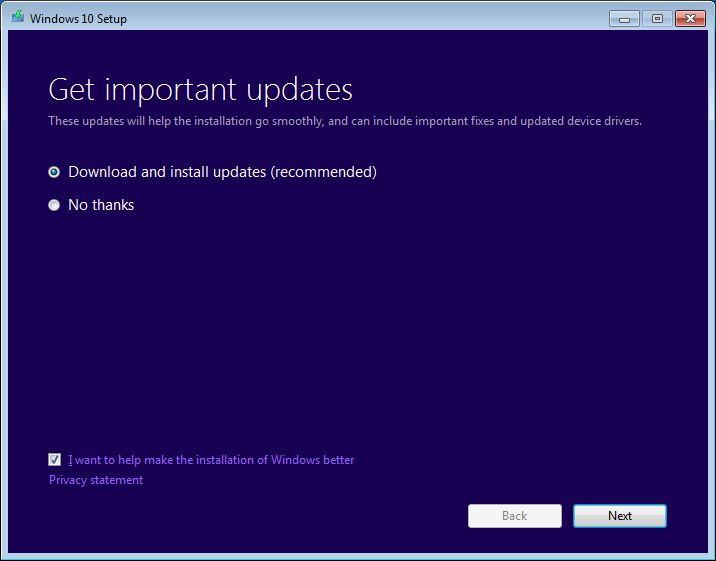Skärmbild av fönstret Windows 10-konfiguration som visar Hämta viktiga uppdateringar.