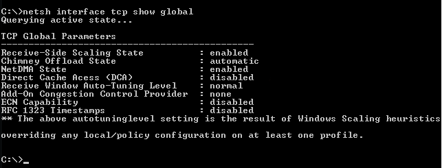 Skärmbild av utdata från netsh-gränssnittet tcp show global command.